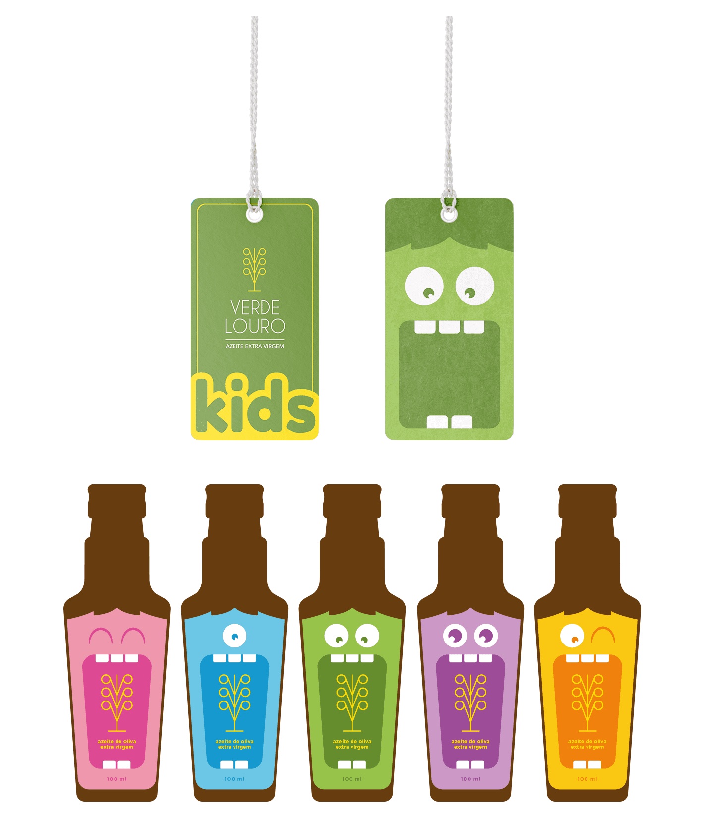 Prancha da linha Azito's Kids: as duas TAGs colecionáveis, uma com a marca Verde Louro Kids e outra com o rosto do monstrinho verde, acima das cinco garrafas com rótulos rosa, azul, verde, roxo e amarelo.