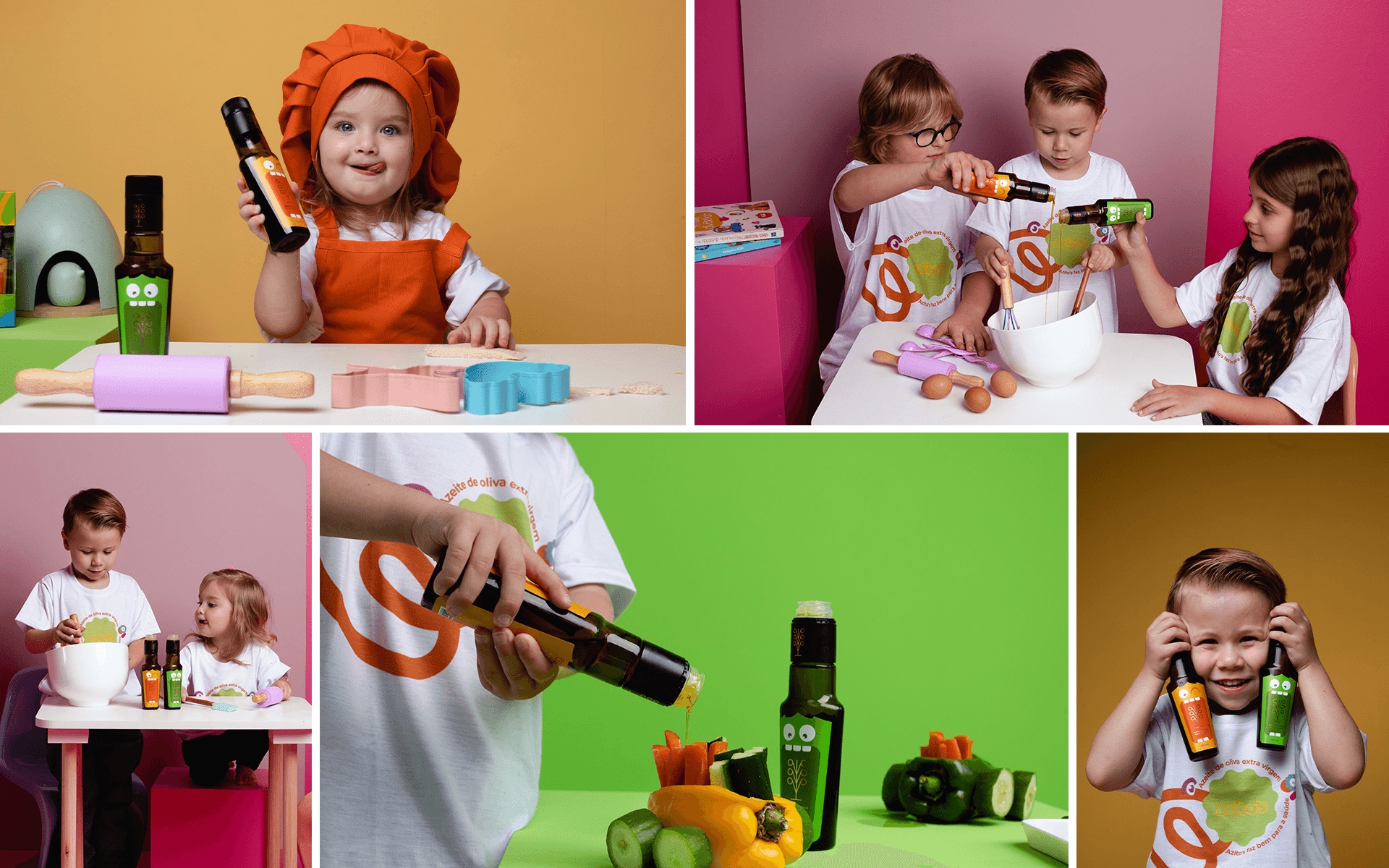 Colagem de crianças cozinhando com os azeites Azito's: menina de touca de chef segurando uma garrafinha, três crianças temperando uma tigela, criança regando legumes e menino com uma garrafinha em cada orelha, cada cena sobre um fundo de cor diferente.