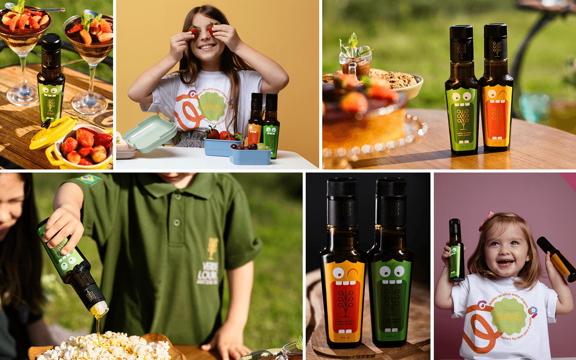Colagem lifestyle da linha Azito's: as garrafinhas ao lado de sobremesas com morangos, crianças com a camiseta da marca, azeite regando pipoca e o par de garrafas sobre tábua de madeira.