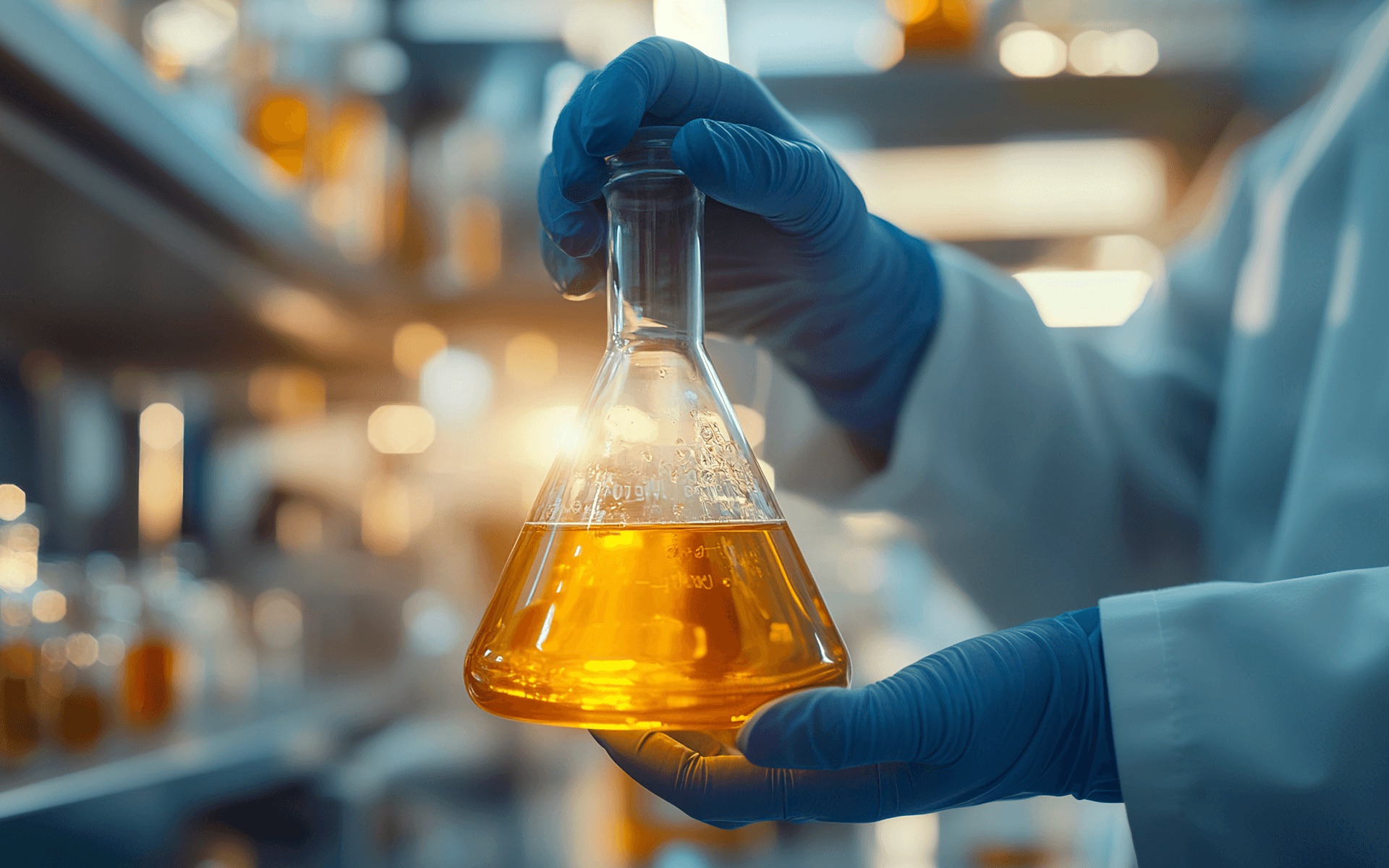 Mão com luva de laboratório segurando um erlenmeyer com líquido âmbar.