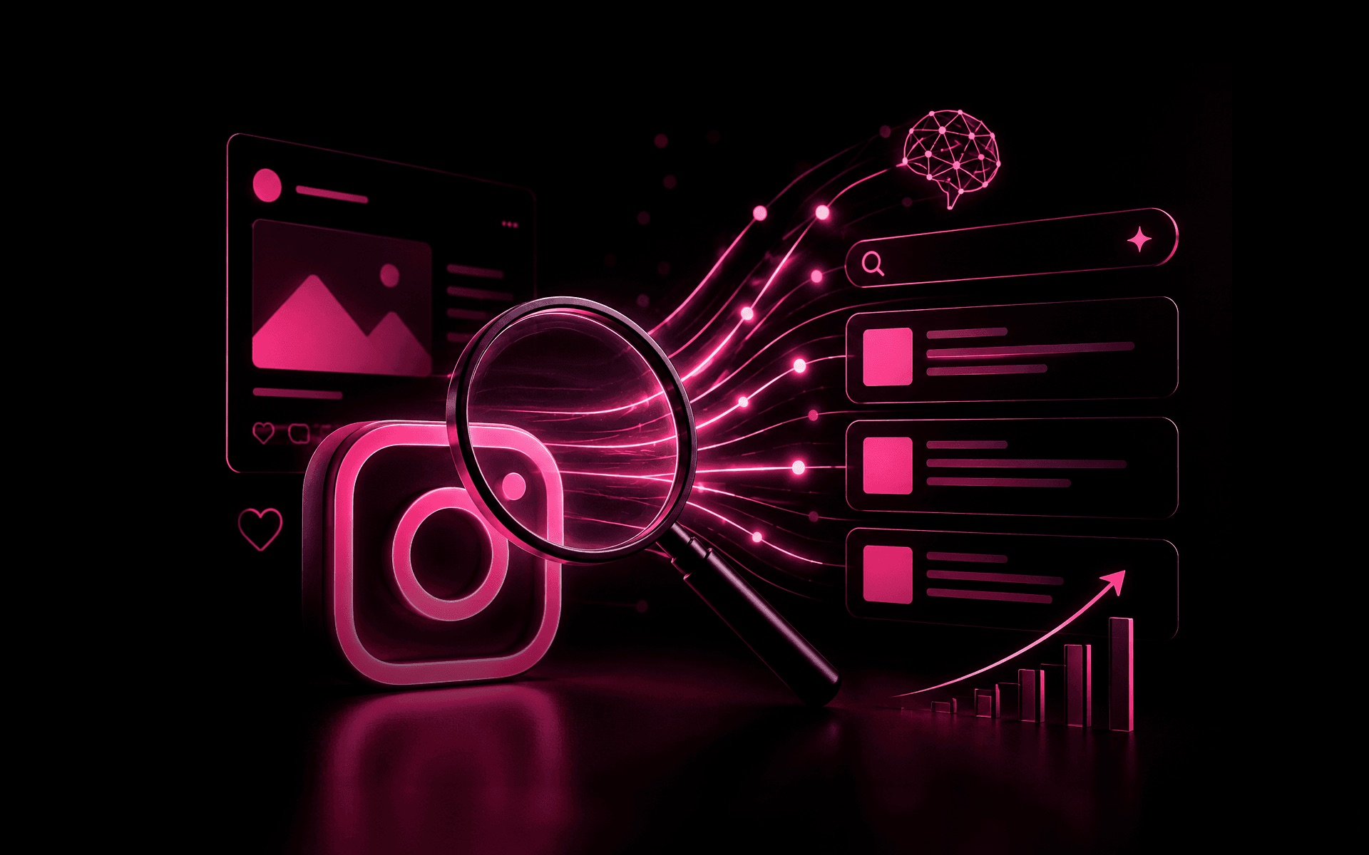Ilustração 3D de uma lupa e do ícone do Instagram em rosa neon.