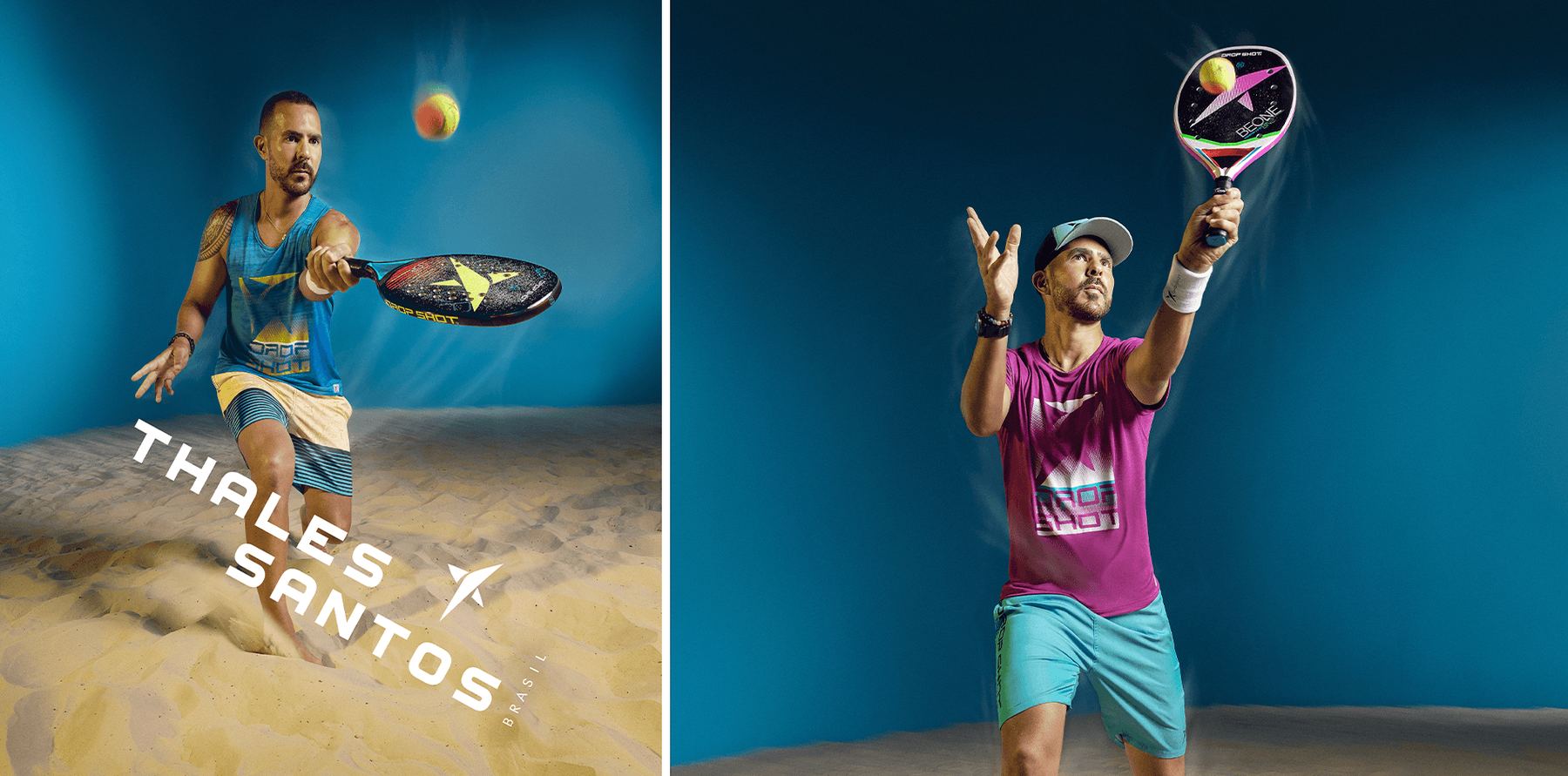 Duas peças da campanha com Thales Santos: em rebatida e comemorando o ponto, sobre fundo azul.
