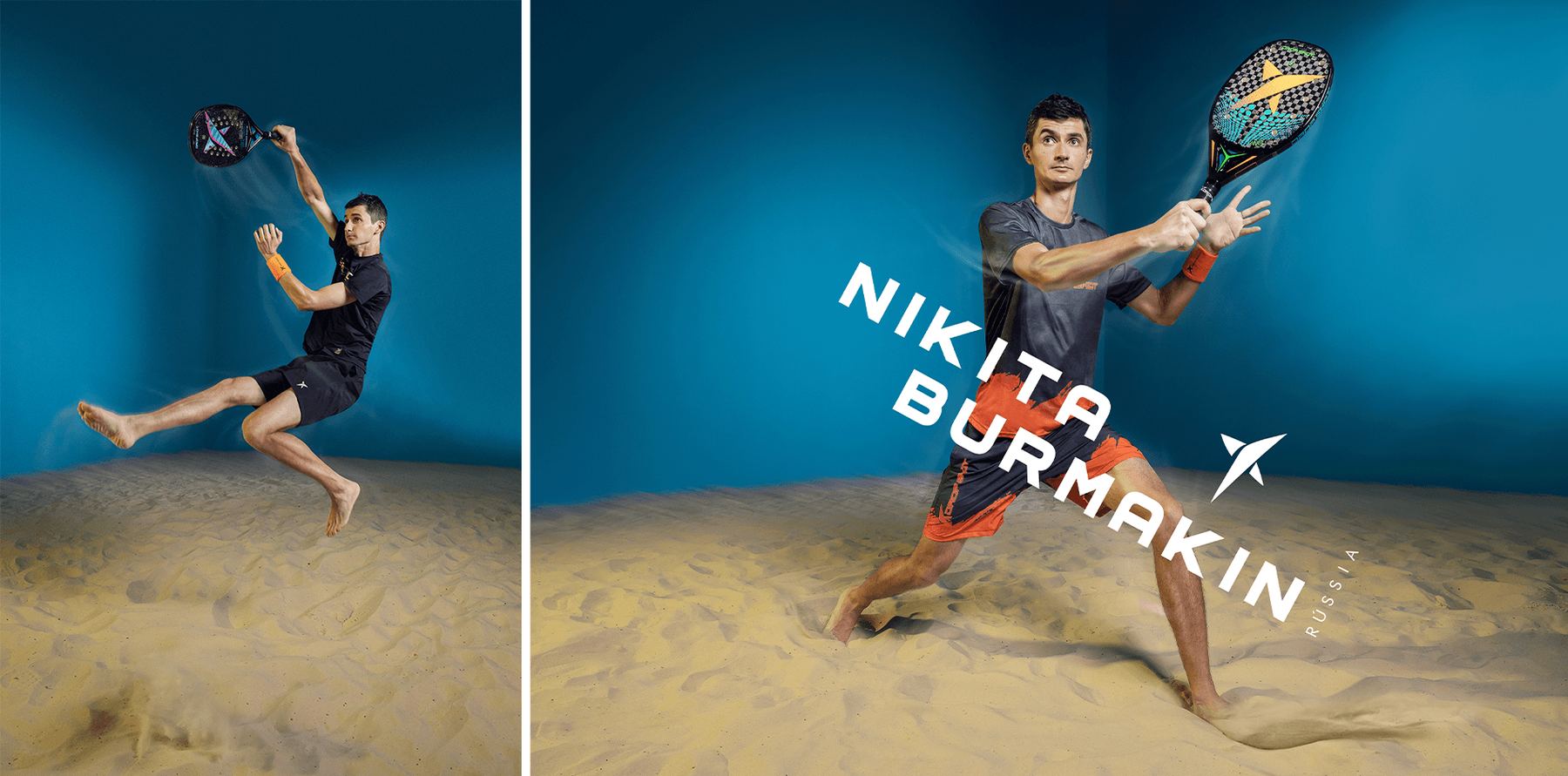 Duas peças da campanha com Nikita Burmakin em movimento sobre a areia.