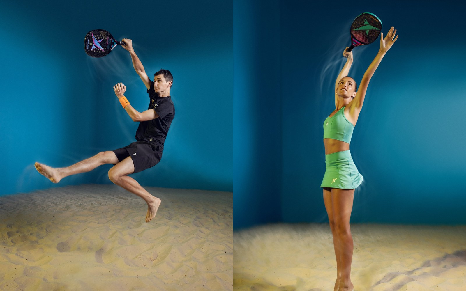 Nikita Burmakin em salto com a raquete e Nicole Nobile no saque, lado a lado, em peças da campanha de Beach Tennis 2022 sobre fundo azul e areia.