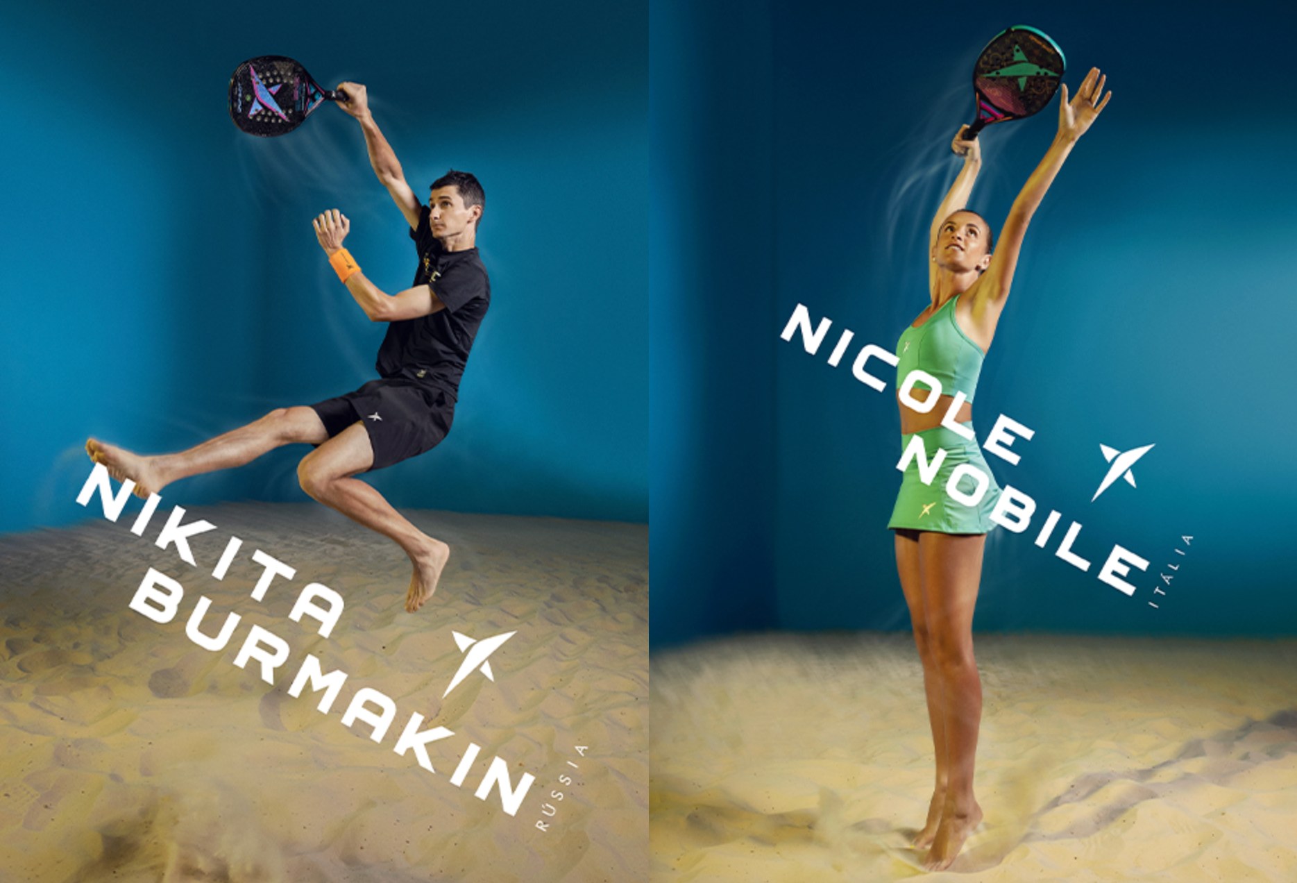Nikita Burmakin em salto com a raquete e Nicole Nobile no saque, lado a lado, em peças da campanha de Beach Tennis 2022 sobre fundo azul e areia.