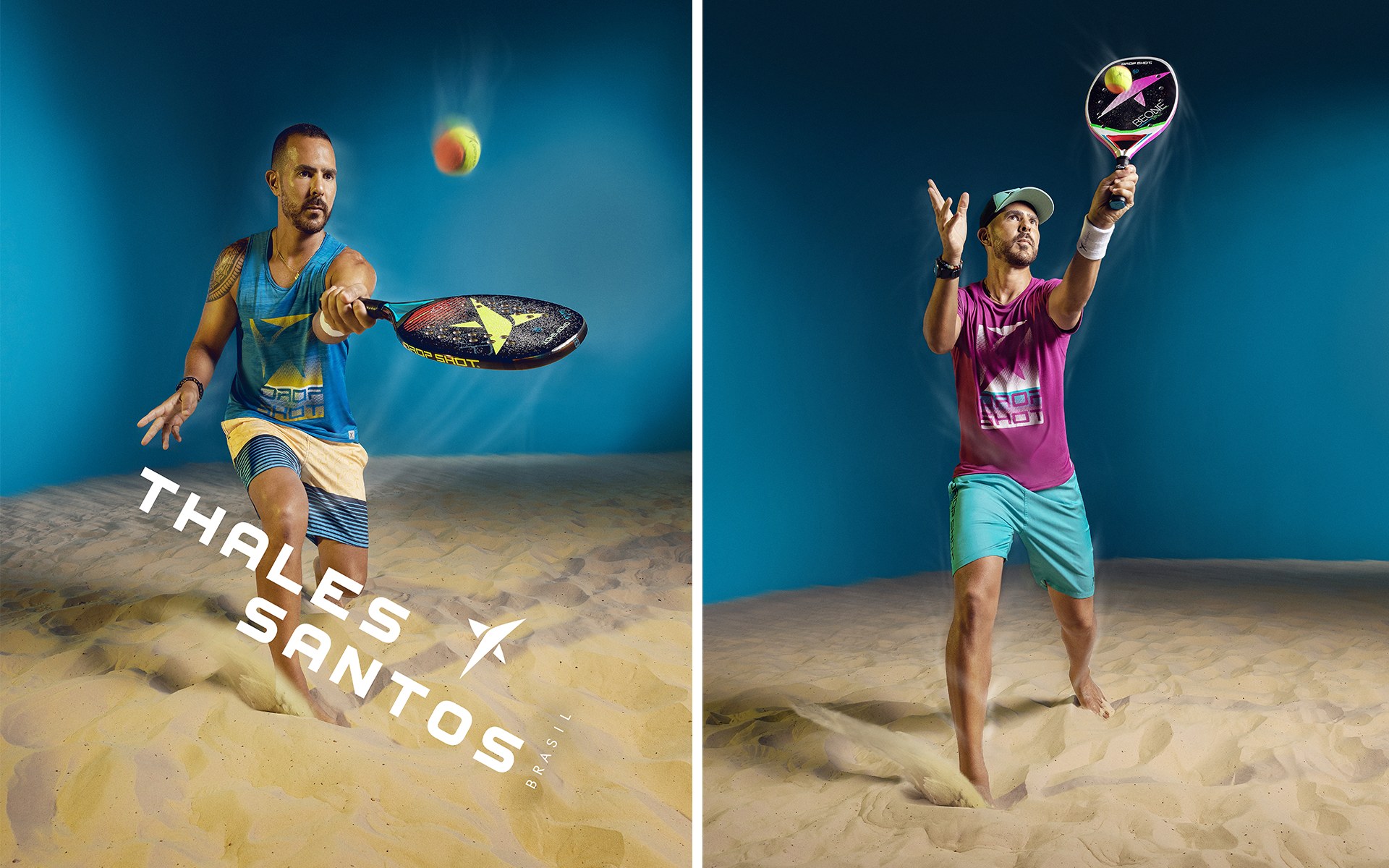 Duas peças da campanha: Thales Santos em rebatida e outro atleta de camiseta roxa no saque, sobre fundo azul.