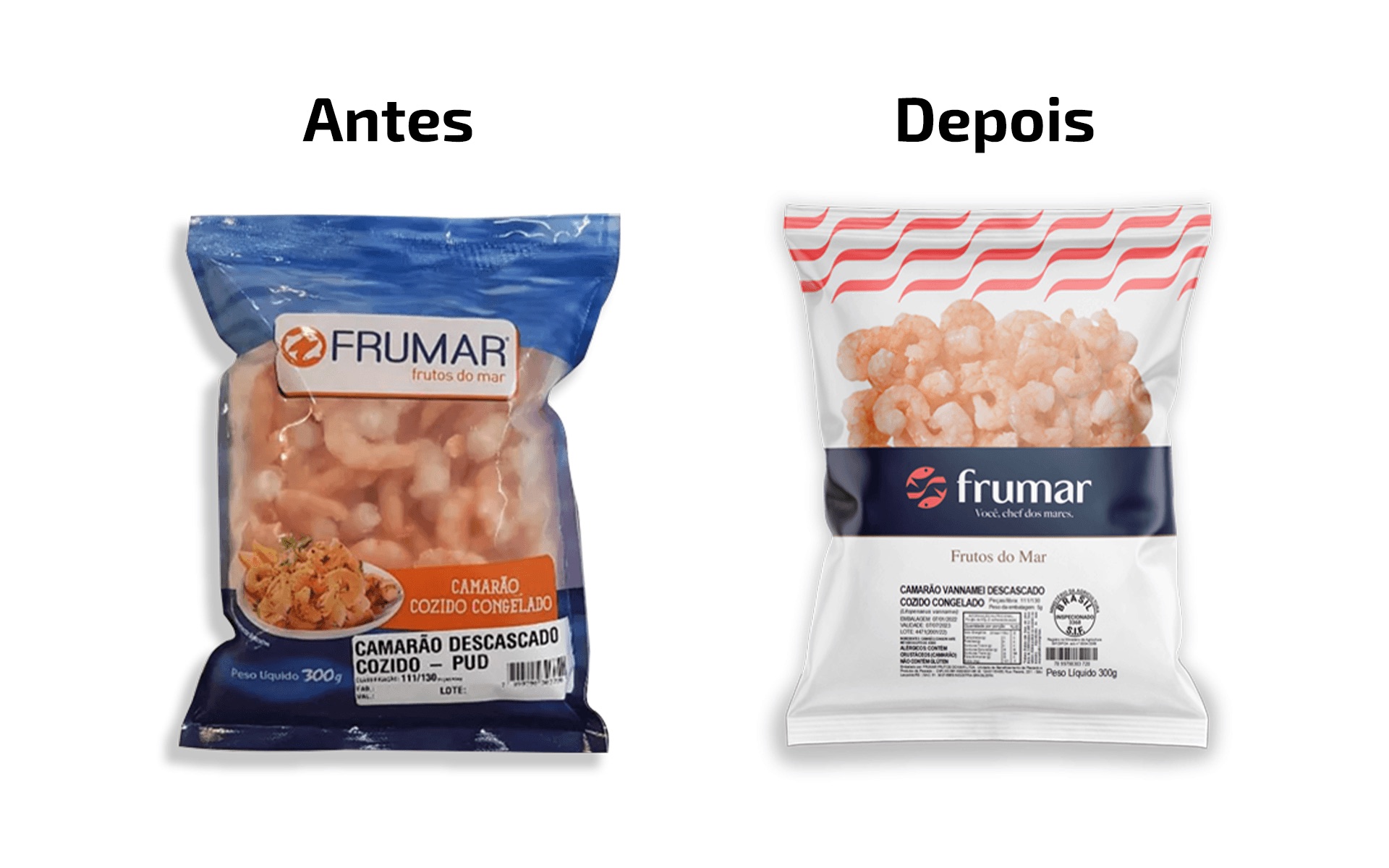 Comparativo antes e depois da embalagem de camarão descascado cozido da Frumar: à esquerda o saco azul-escuro antigo, à direita a nova embalagem branca com ondas vermelhas e faixa azul-marinho.