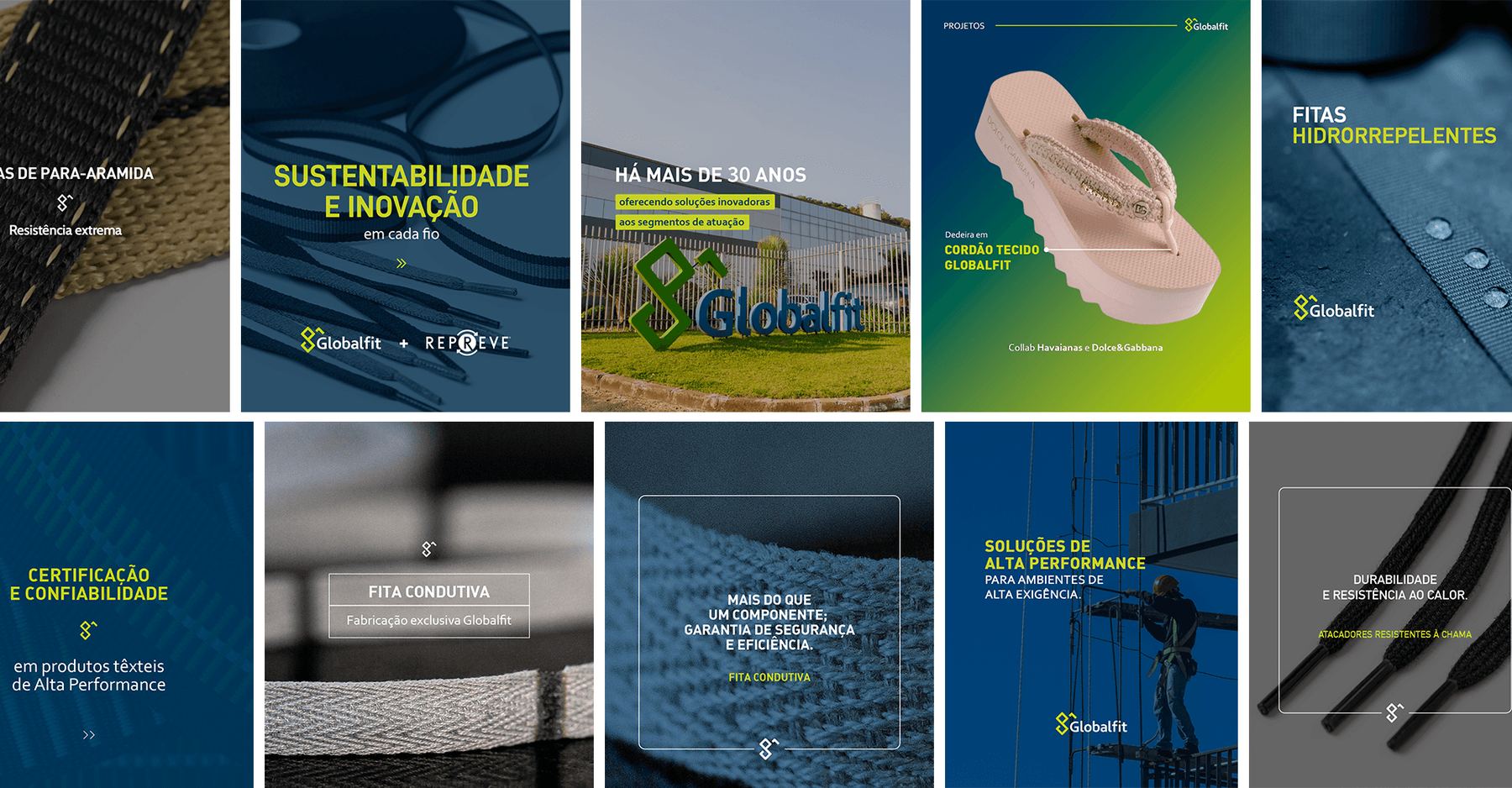 Grade de posts institucionais da Globalfit: sustentabilidade e inovação, os mais de 30 anos de indústria, fitas hidrorrepelentes e certificação de confiabilidade.