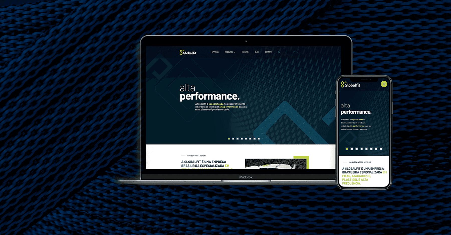 Notebook e celular exibindo o novo site institucional da Globalfit, com a chamada “alta performance”.