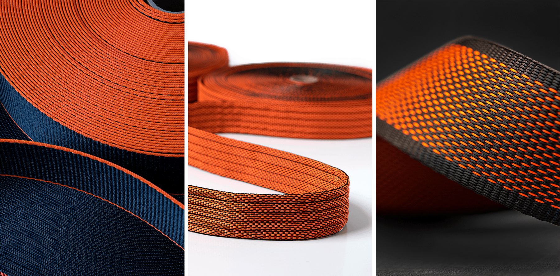 Três fotos de produto: rolos de fita laranja sobre trama azul-marinho, fitas enroladas em fundo branco e detalhe macro do tecido.