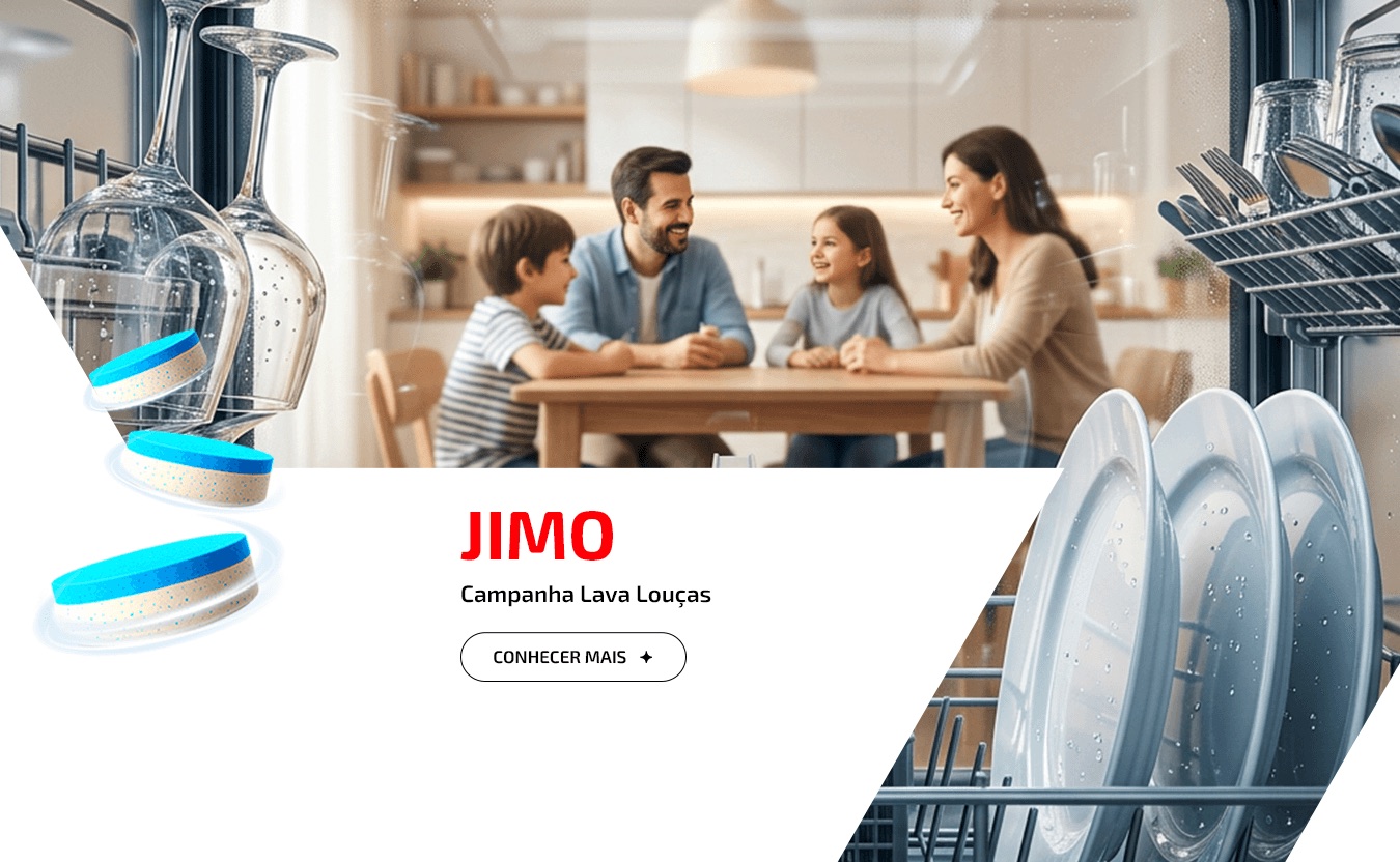 Banner da campanha Jimo Lava Louças: família reunida à mesa da cozinha com o texto da campanha.
