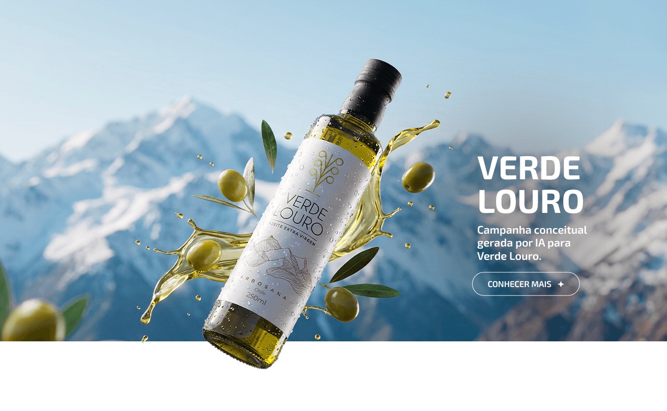 Banner da campanha Verde Louro Safra Chilena: garrafa de azeite sobre a cordilheira nevada com o texto da campanha.