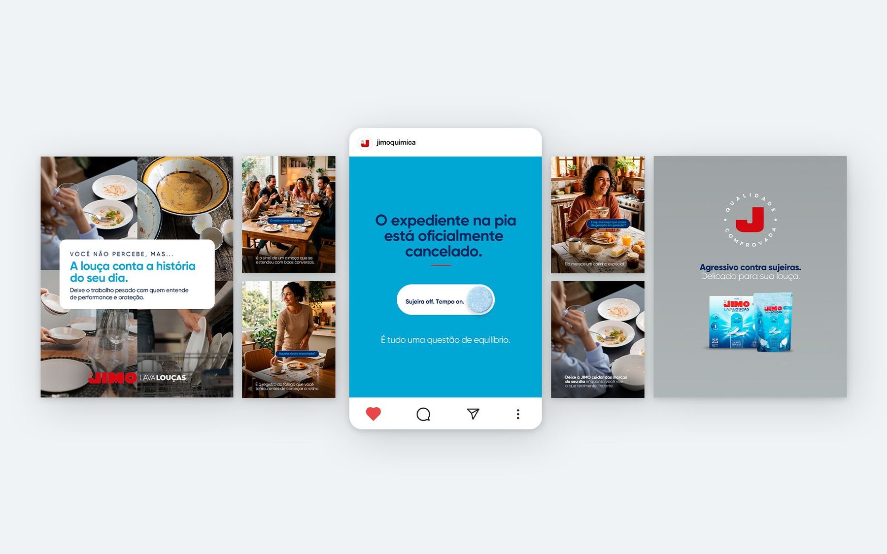 Mockup do feed do Instagram da JIMO com o post “O expediente na pia está oficialmente cancelado”.