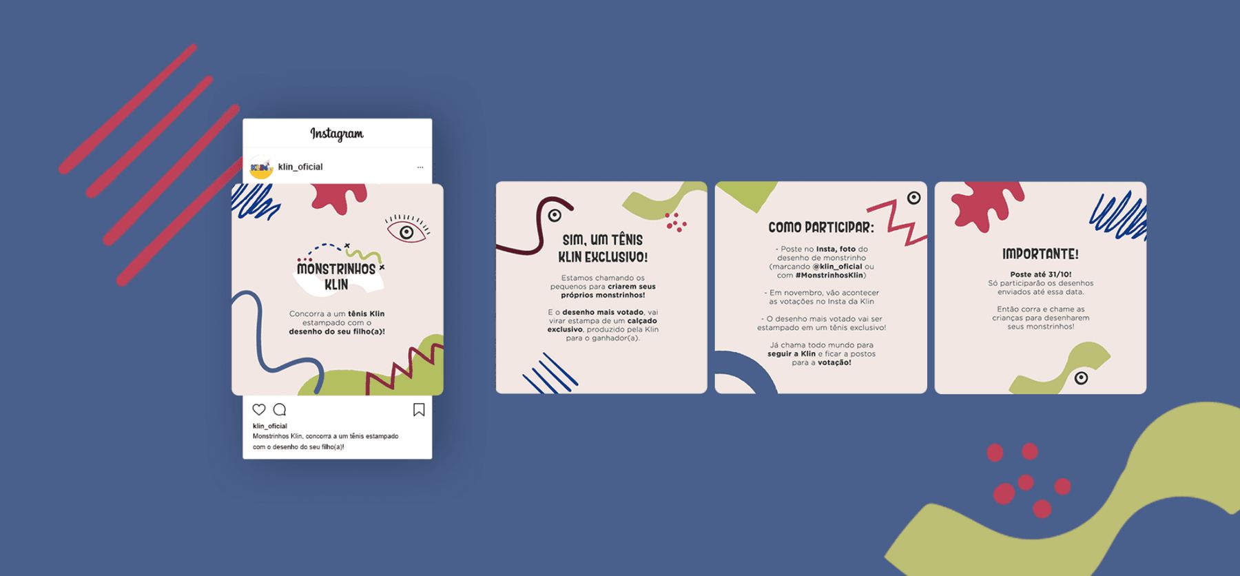 Peças da campanha Monstrinhos no Instagram, com o regulamento do concurso sobre fundo azul e grafismos coloridos.
