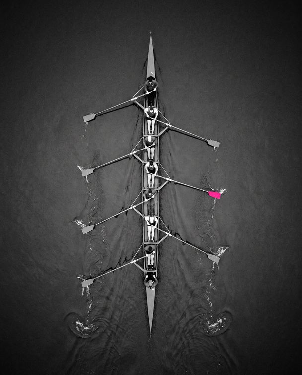 Barco de remo com oito remadores visto de cima, todos remando no mesmo tempo; um dos remos em rosa.
