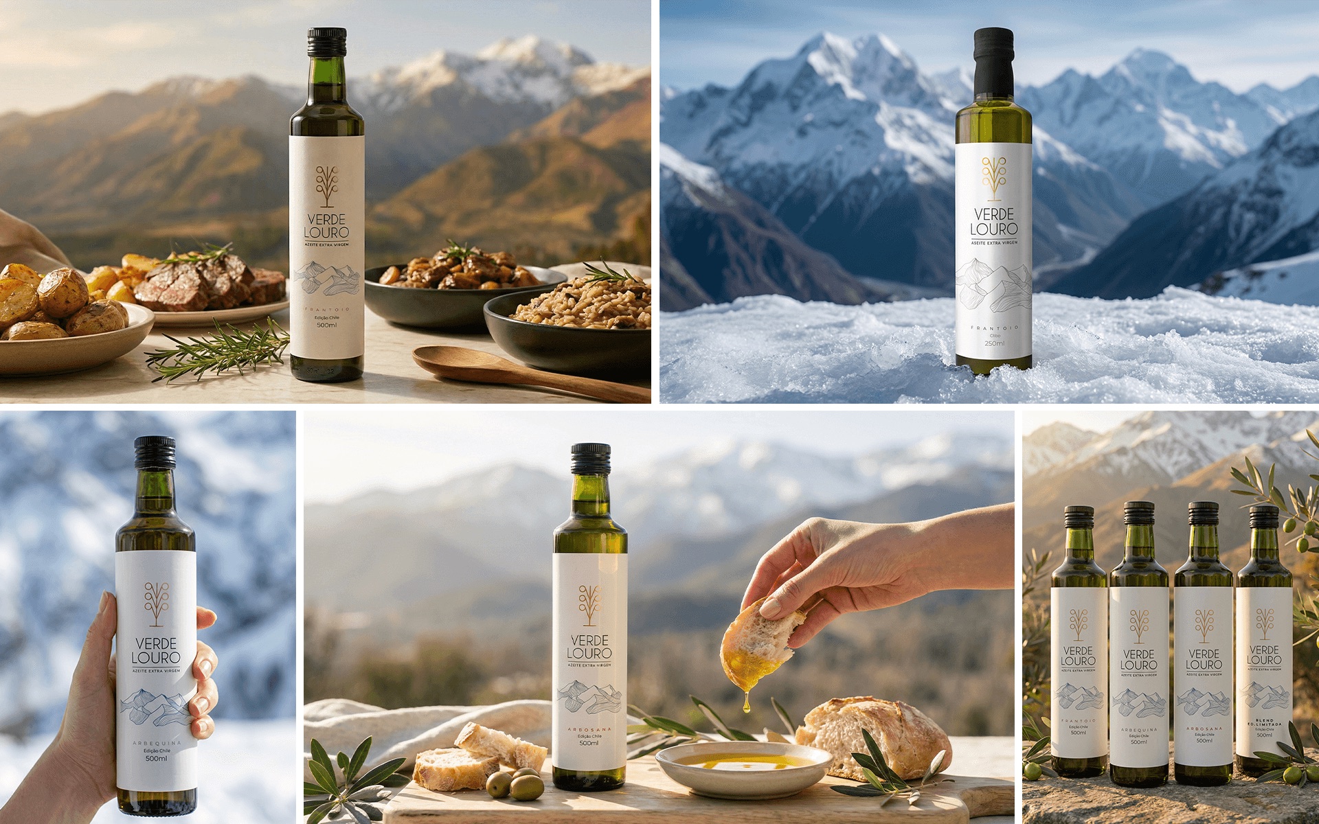 Grade de cenas da campanha Verde Louro: a garrafa em mesa posta diante das montanhas, fincada na neve, segurada por uma mão, ao lado de pão com azeite e a linha completa entre ramos de oliveira.