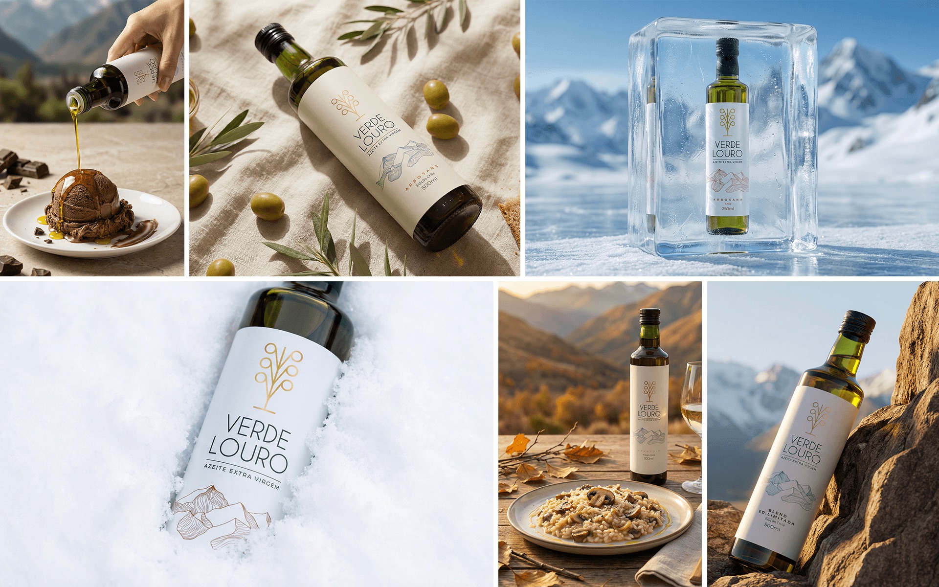 Grade de cenas da campanha Verde Louro: azeite regando sorvete de chocolate, garrafa deitada sobre linho com azeitonas, garrafa dentro de um bloco de gelo, close do rótulo sobre a neve, risoto ao entardecer e a edição limitada apoiada na rocha.