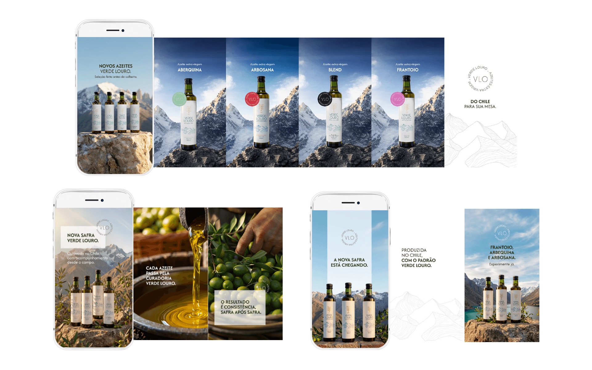 Peças digitais da campanha em mockups de celular: anúncios verticais das variedades de azeite sobre a cordilheira e stories da nova safra Verde Louro.