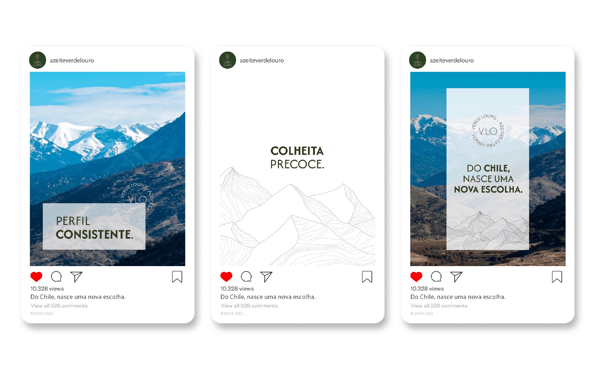 Três posts do perfil da Verde Louro no Instagram com peças da campanha, entre fotos da cordilheira e o grafismo de linhas das montanhas.