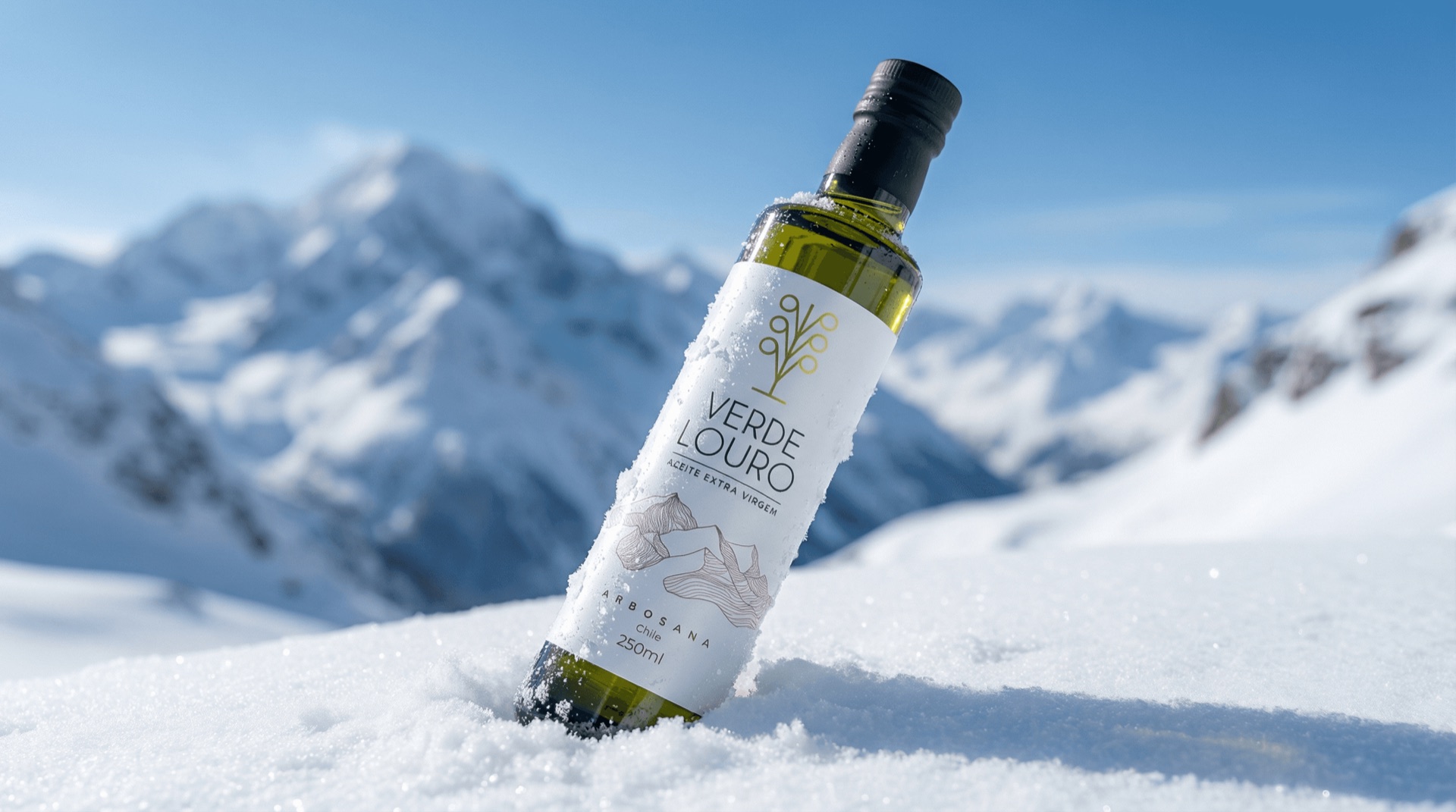Garrafa de azeite Verde Louro fincada na neve, com a cordilheira nevada desfocada ao fundo.