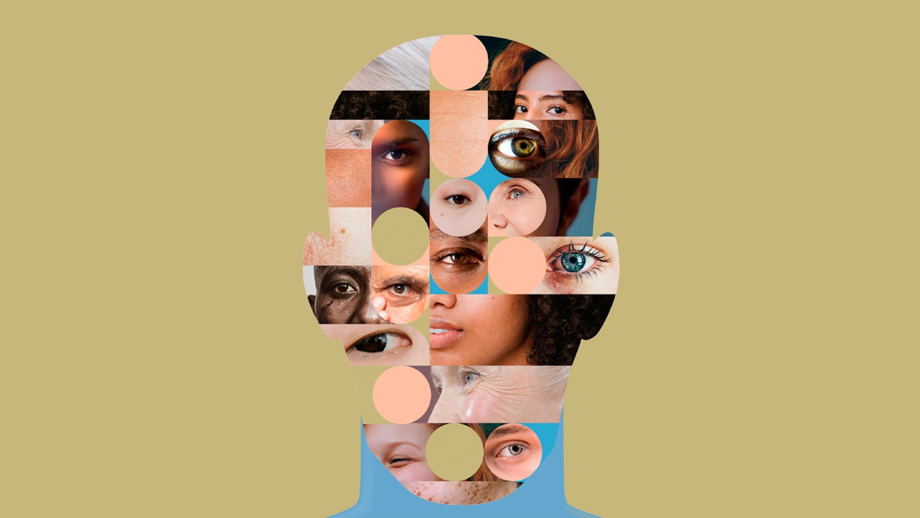 Arte-chave do INSPIRAMAIS Human: silhueta de cabeça formada por recortes de rostos, olhos e tons de pele diversos sobre fundo bege.