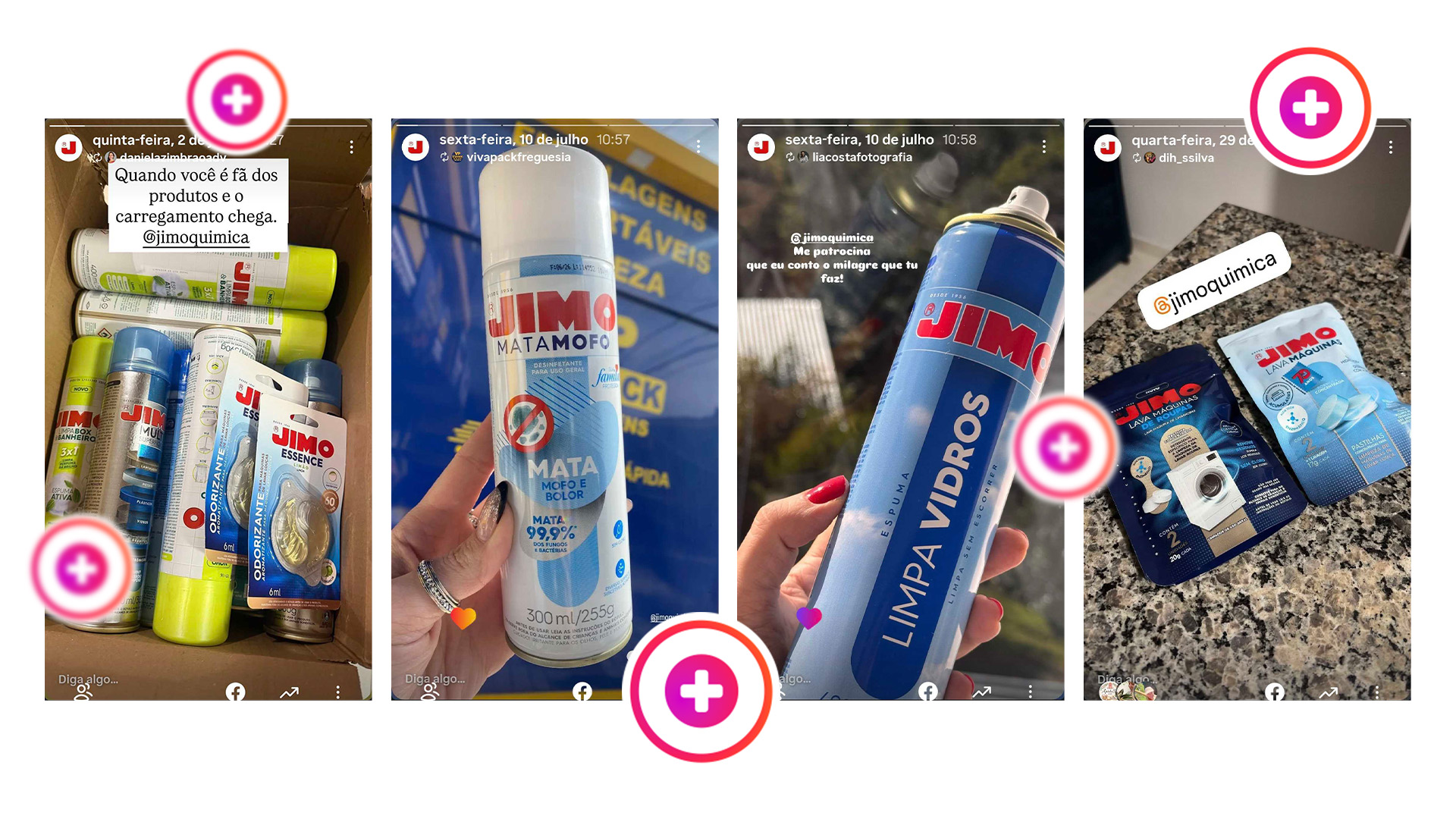 Quatro stories espontâneos marcando a @jimoquimica, cada um com o selo rosa de menção: a caixa de produtos recém-chegada, a lata de Mata Mofo na mão, a de Limpa Vidros com o pedido de patrocínio e os sachês de Lava Máquinas sobre a bancada de granito.