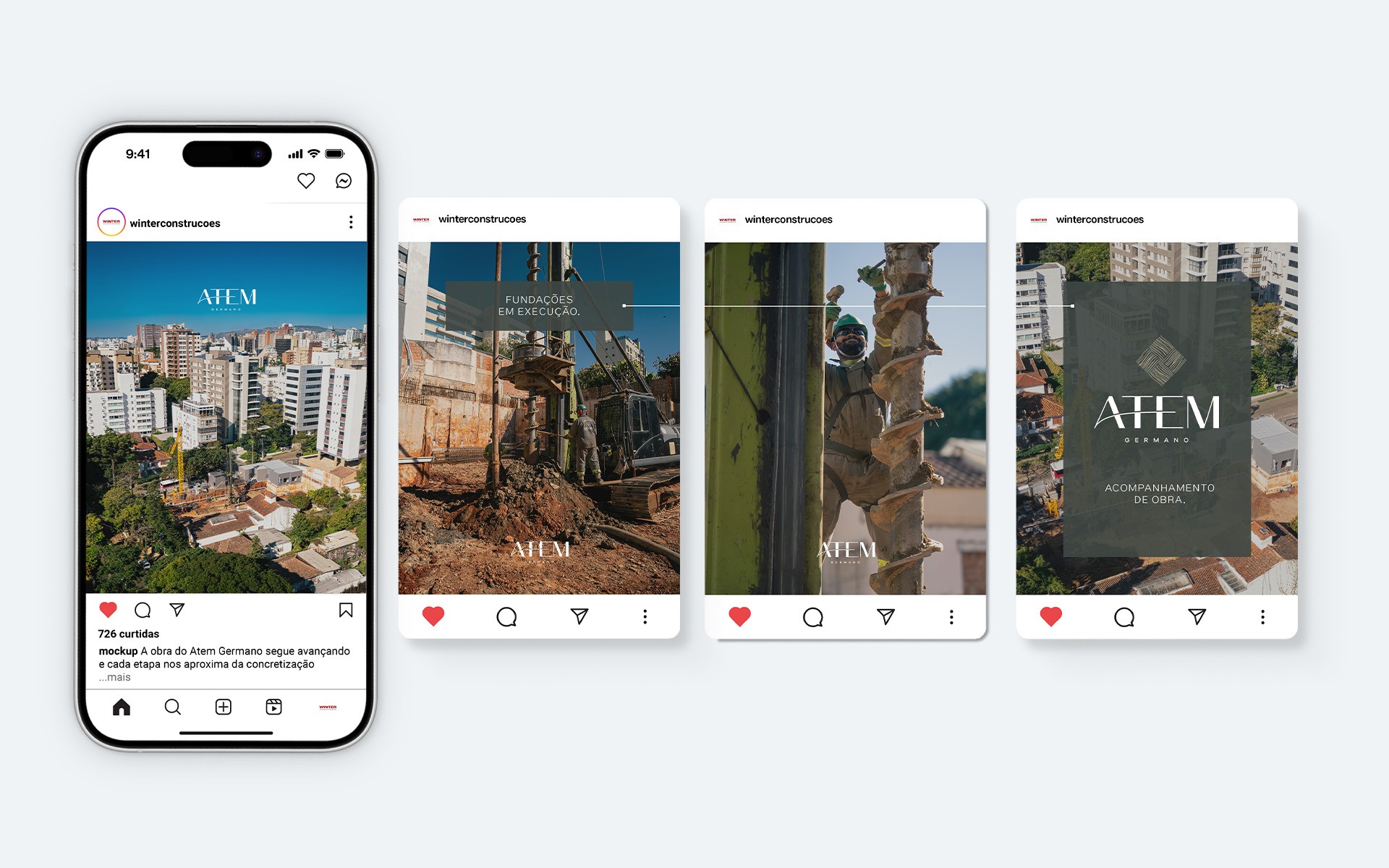 Mockup de iPhone com um post do perfil @winterconstrucoes ao lado de três posts do feed do Atem Germano: vista aérea do bairro, fundações em execução e acompanhamento de obra.