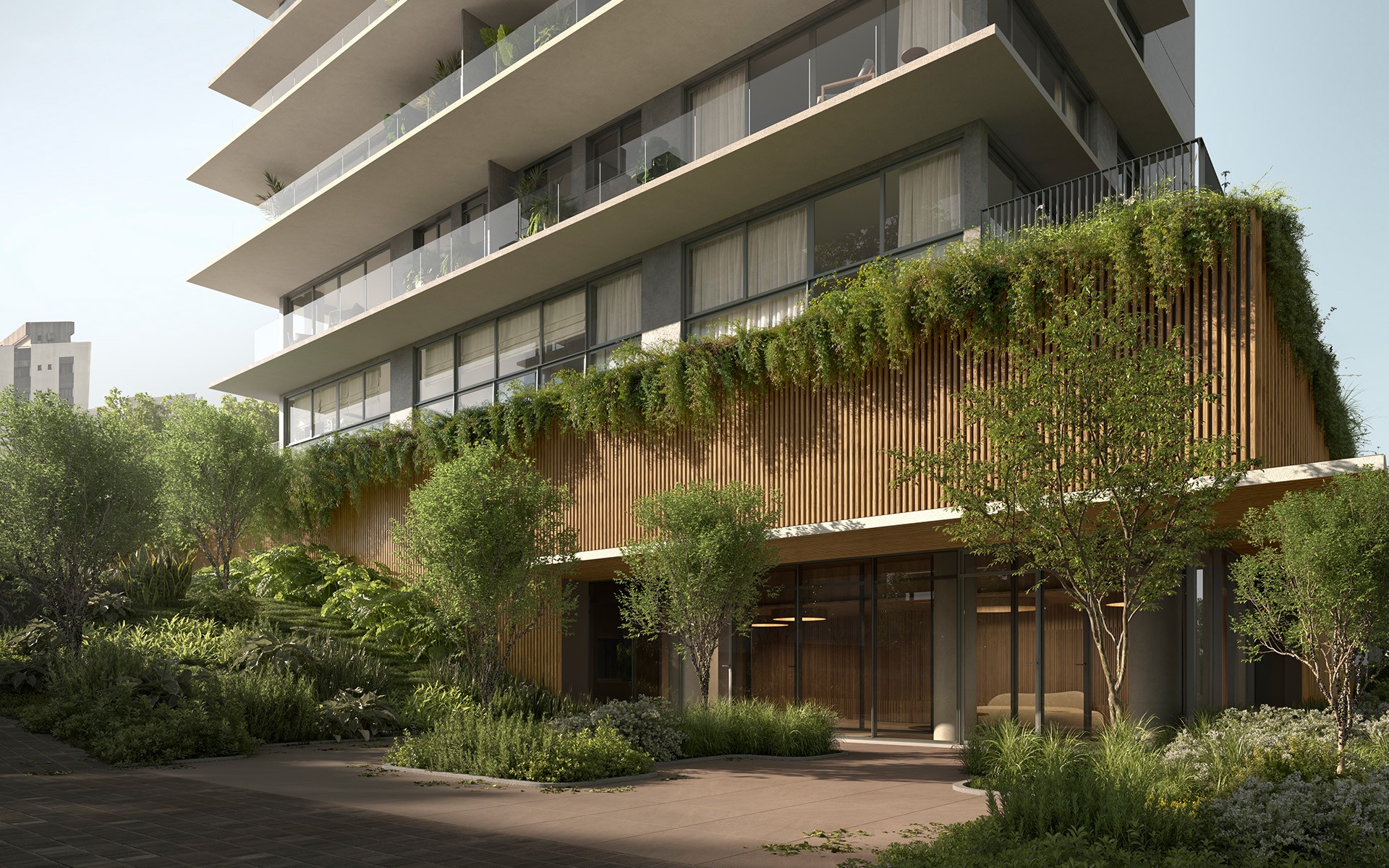 Render arquitetônico do empreendimento Atem Germano: base revestida de brises verticais de madeira, vegetação pendente sobre o volume, sacadas com plantas nos andares superiores e jardim denso no acesso térreo.